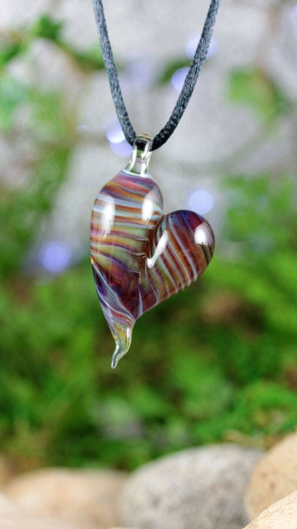 Lampwork Pendant // Heart Necklace // Boro Pendant // Boro/Brosilicate Glass // Striped, Purple, Cranberry Pink, Green // Z1025