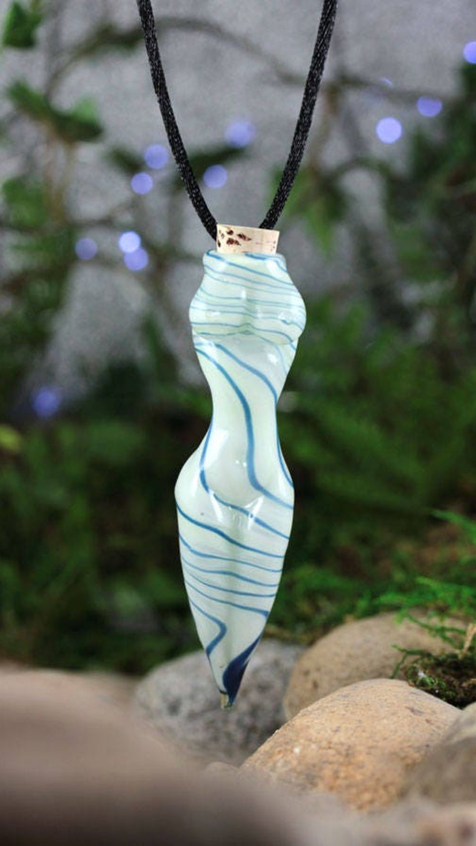 Hand Blown Goddess Vessel, Vial Lampwork Pendant Necklace (Boro/Borosilicate Glass) Female Nude, Oil, Perfume, White & Blue Stripes - Z413