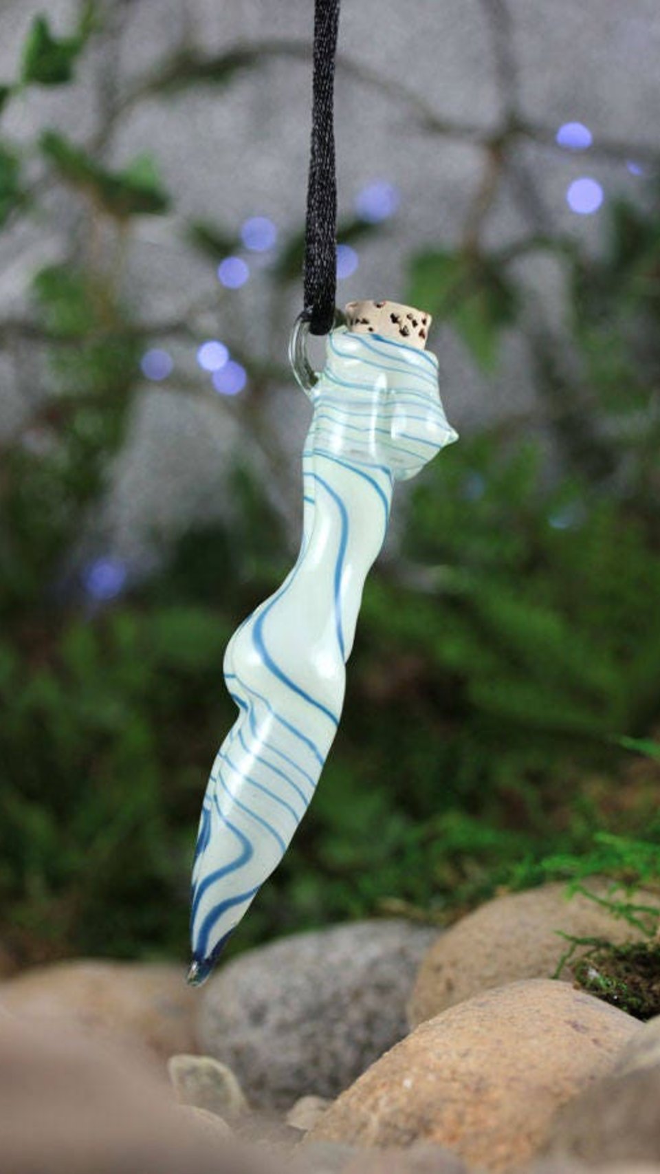 Hand Blown Goddess Vessel, Vial Lampwork Pendant Necklace (Boro/Borosilicate Glass) Female Nude, Oil, Perfume, White & Blue Stripes - Z413