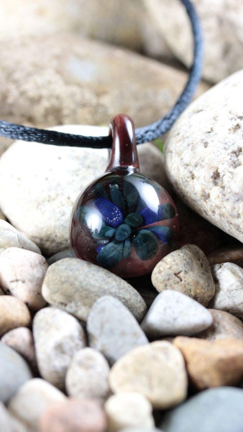 Implosion Lampwork Pendant Necklace // Brosilicate/Boro Glass // Dark Blue, Mahogany, Flower // Z140