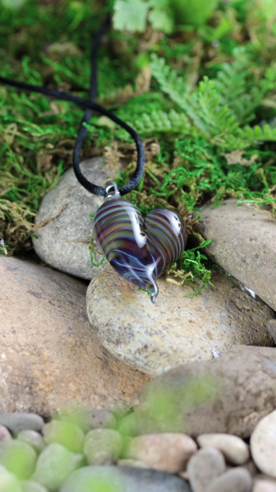 Lampwork Pendant // Heart Necklace // Boro Pendant // Boro/Brosilicate Glass // Striped, Purple, Cranberry Pink, Green // Z1025