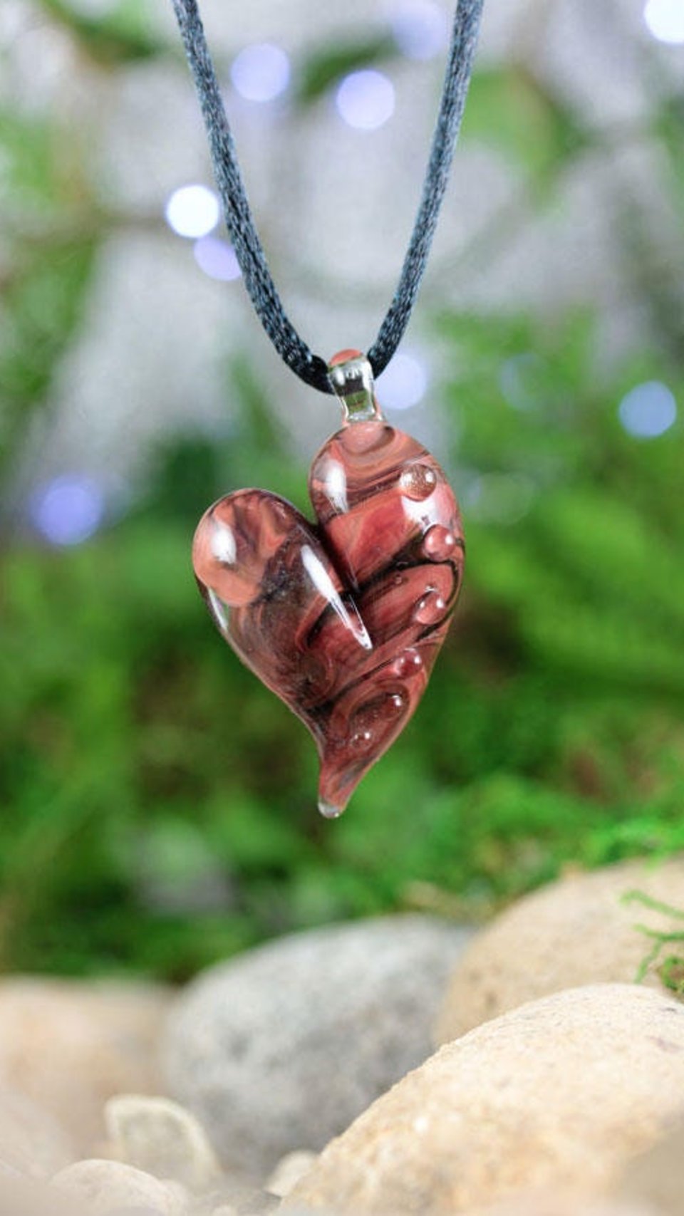 Lampwork Heart Pendant Necklace // Brosilicate/Boro Glass // Swirled, Black, Red, Peach // Z105