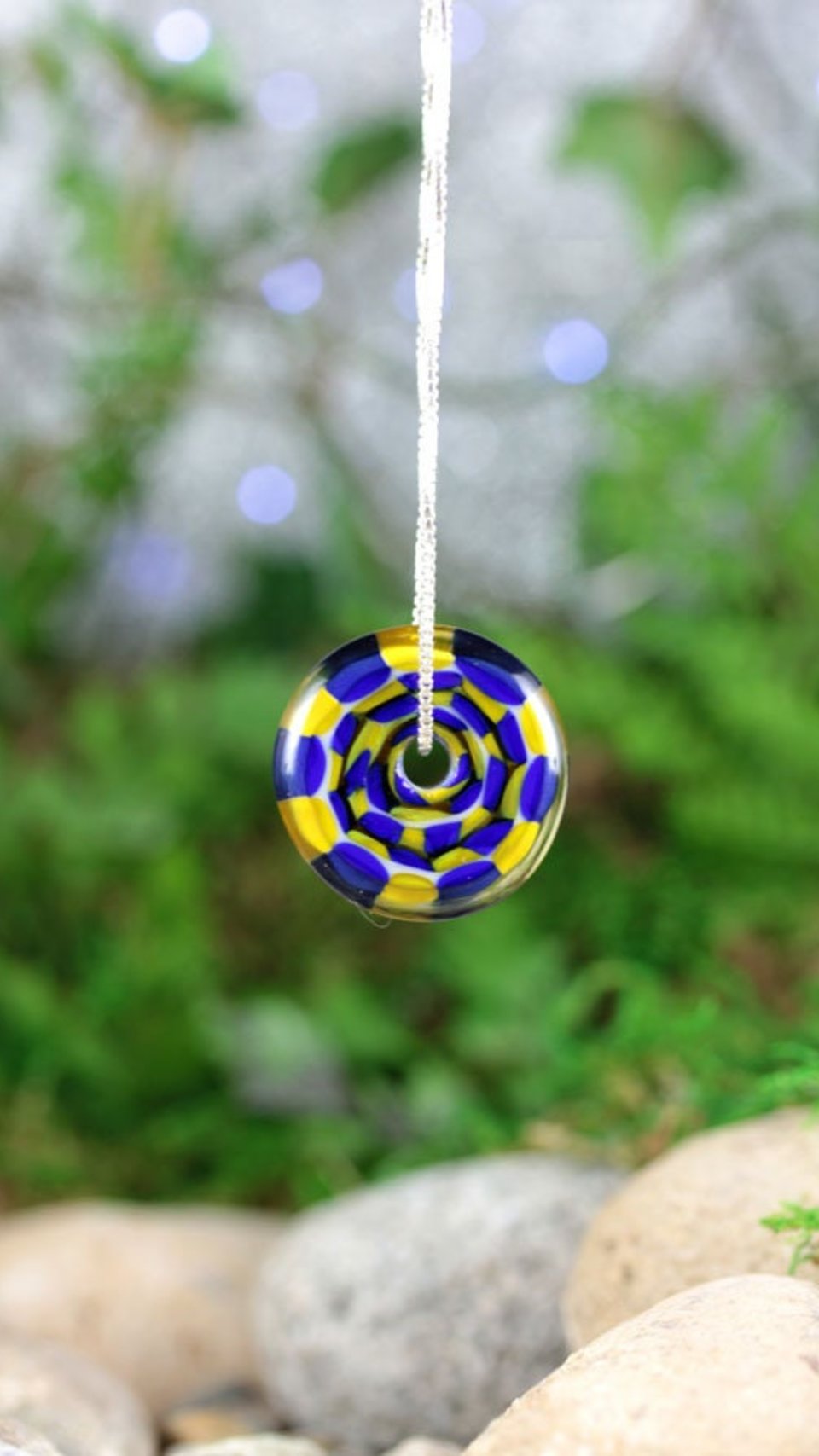 Handmade Lampwork Focal Bead Pendant // Borosilicate /Boro Glass // Blue and Yellow Checkered // Sterling Silver Chain // Z162