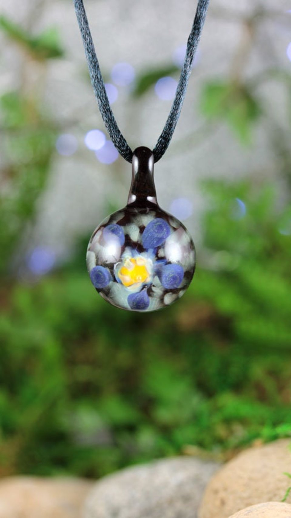 Flower Implosion Lampwork Pendant Necklace // Brosilicate/Boro Glass //Forget Me Not // Light Blue, Dark Blue, Yellow, Orange // Z160