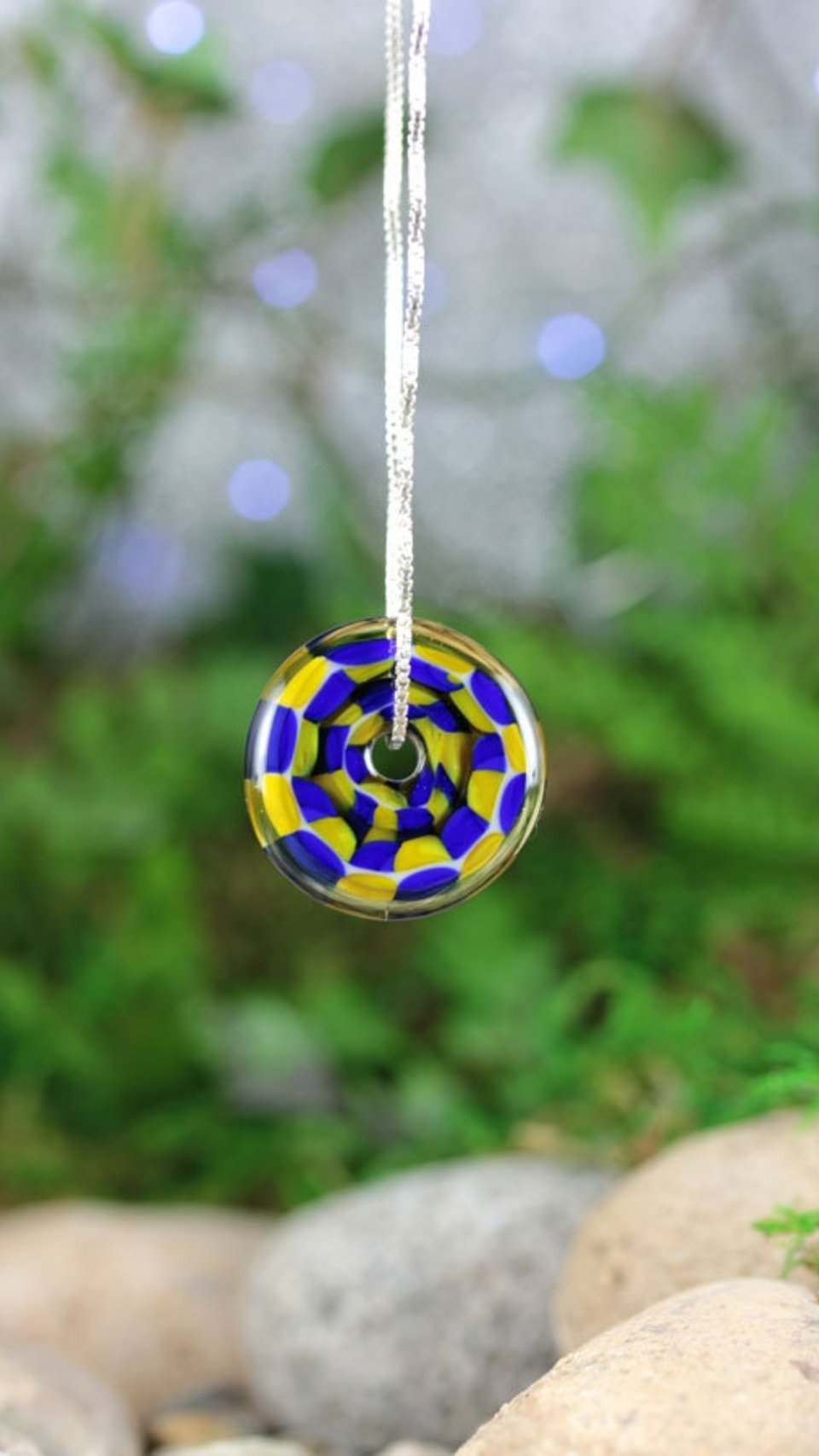 Handmade Lampwork Focal Bead Pendant // Borosilicate /Boro Glass // Blue and Yellow Checkered // Sterling Silver Chain // Z162