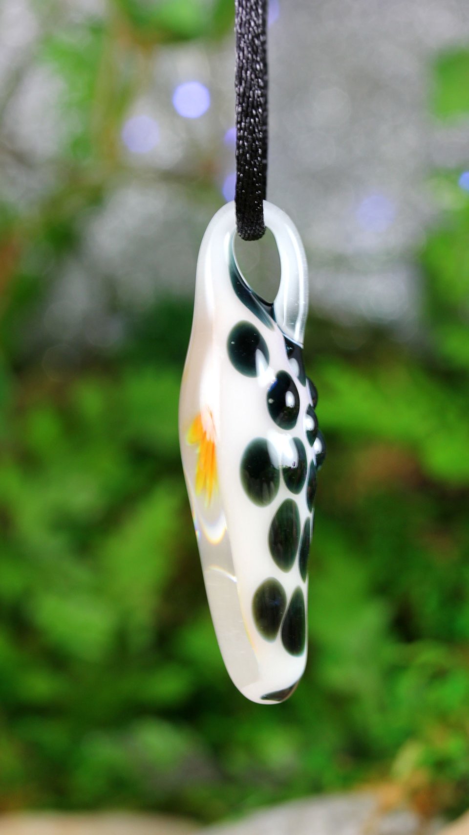Orange Flower Implosion Lampwork Pendant Necklace // Borosilicate/Boro Glass // Orange Flower Encased in White and Black Polka Dot // Z1122