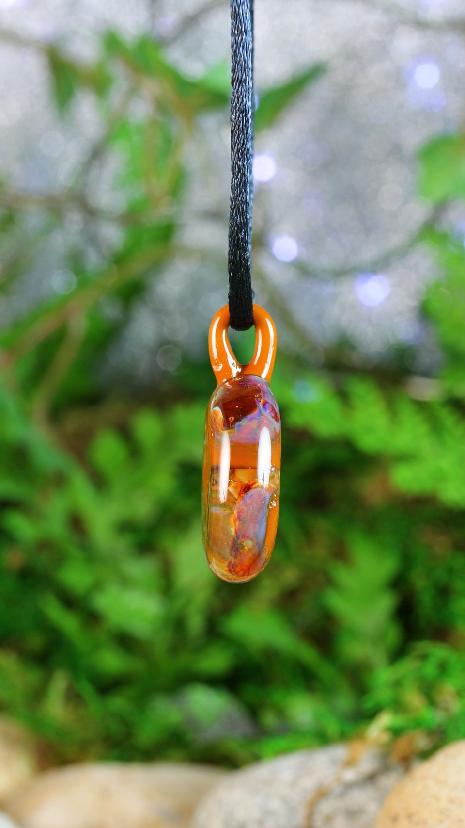 Lampwork Round Glass Jewelry // Borosilicate Glass // Boro Pendant // Glass Necklace // Round with Orange Cellular Design // Z173