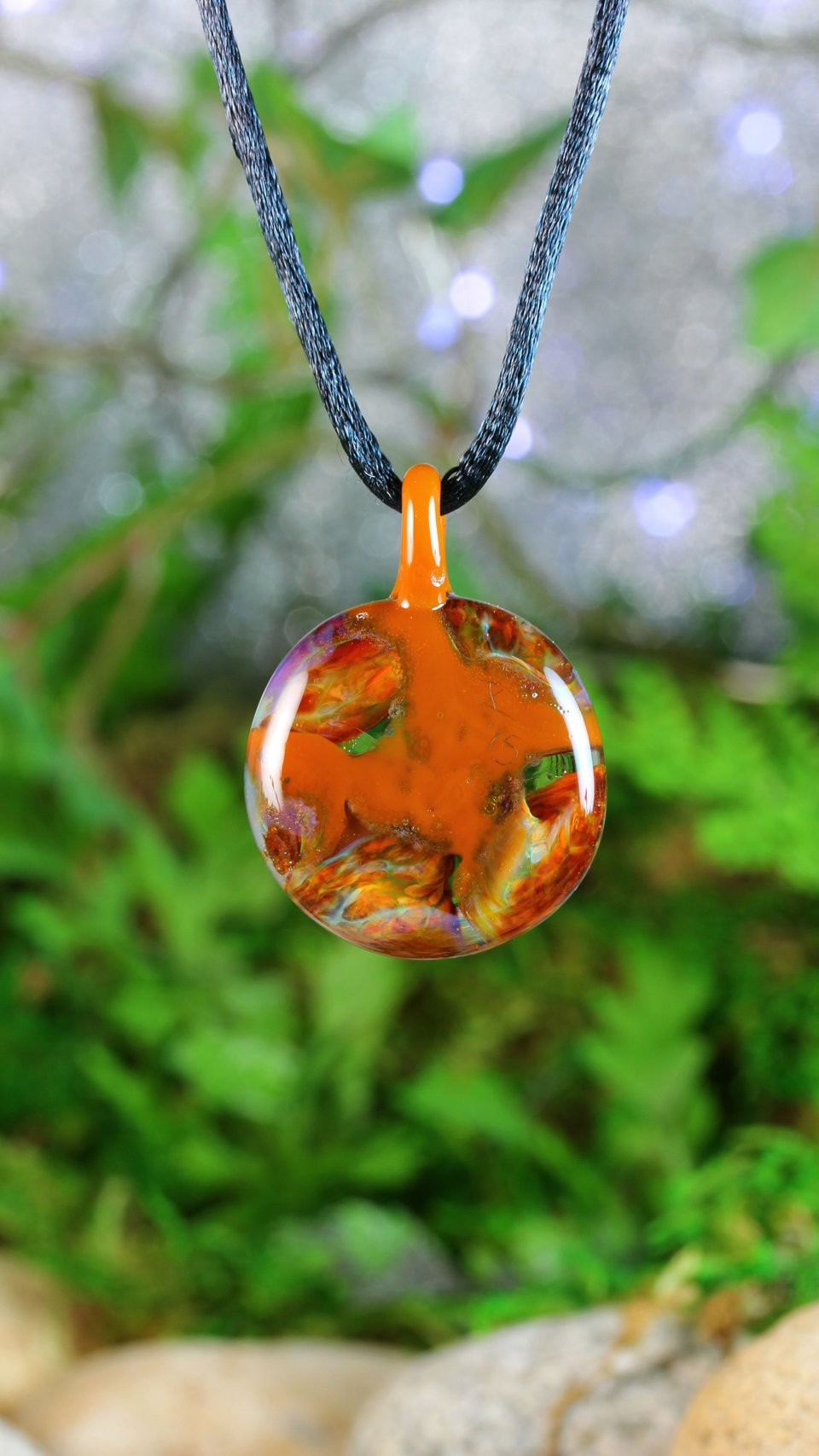 Lampwork Round Glass Jewelry // Borosilicate Glass // Boro Pendant // Glass Necklace // Round with Orange Cellular Design // Z173