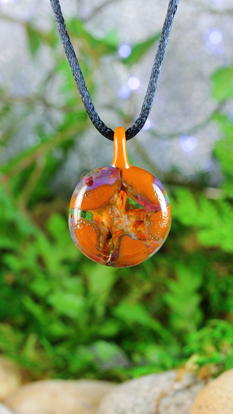 Lampwork Round Glass Jewelry // Borosilicate Glass // Boro Pendant // Glass Necklace // Round with Orange Cellular Design // Z173