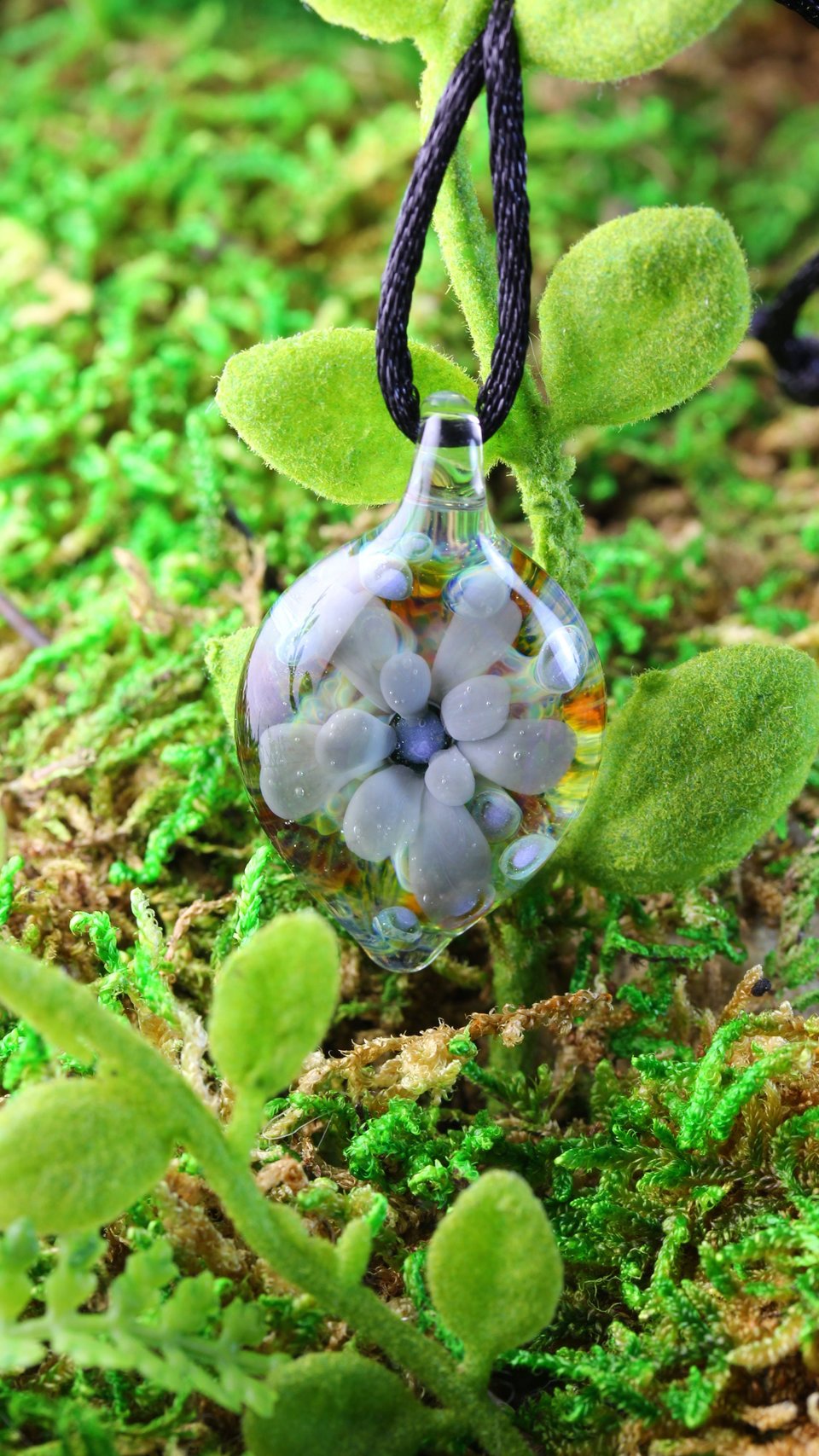 Flower Implosion Lampwork Pendant // Handmade Glass // Boro/Borosilicate Glass // Gray, Blue, Green, Soft 3-D // Z1152