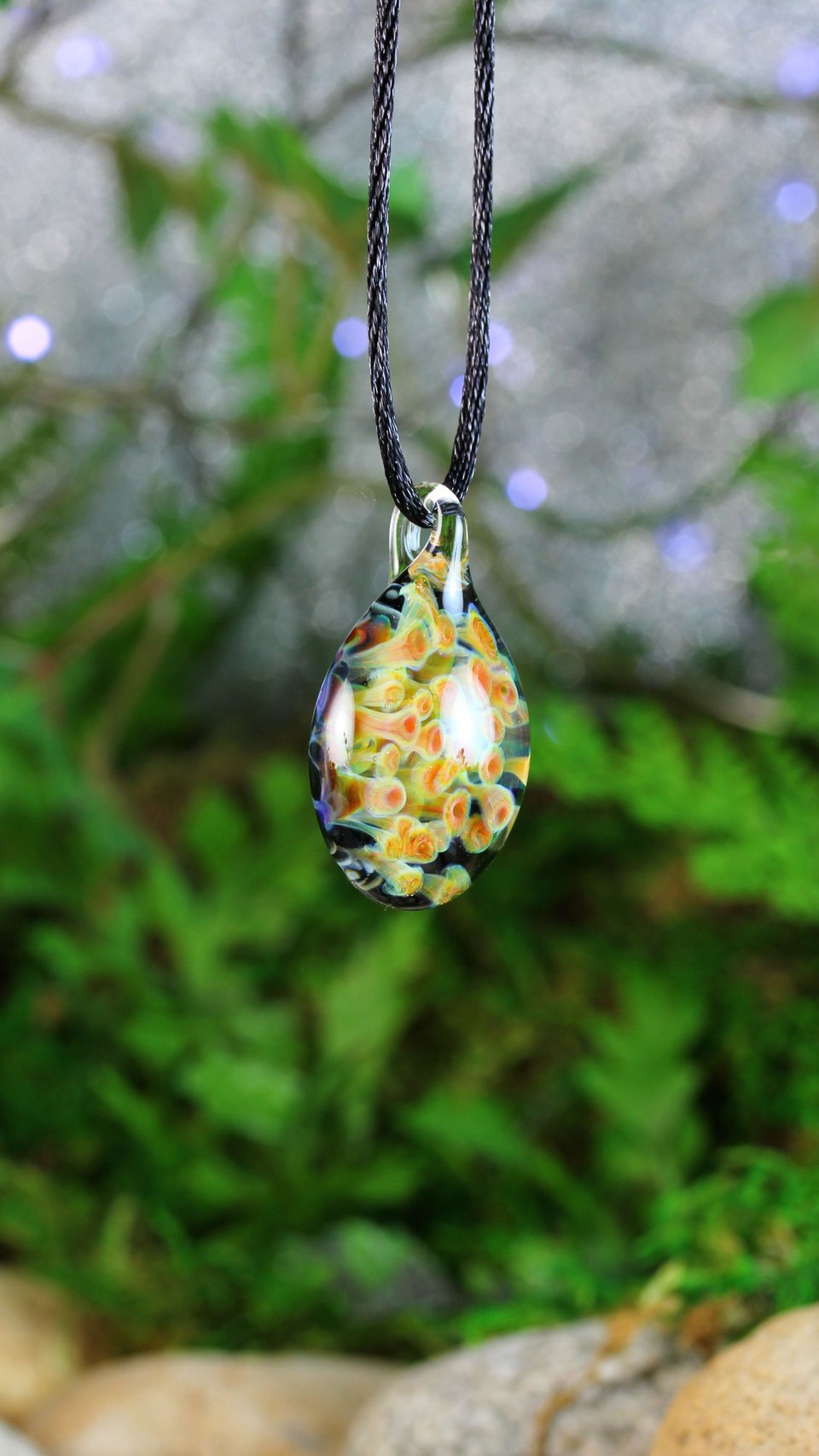 Mushroom Fungi Implosion Pendant // Lampwork Jewelry // Borosilicate/Boro Pendant // Blue, Prism, Orange, Yellow // Z1169