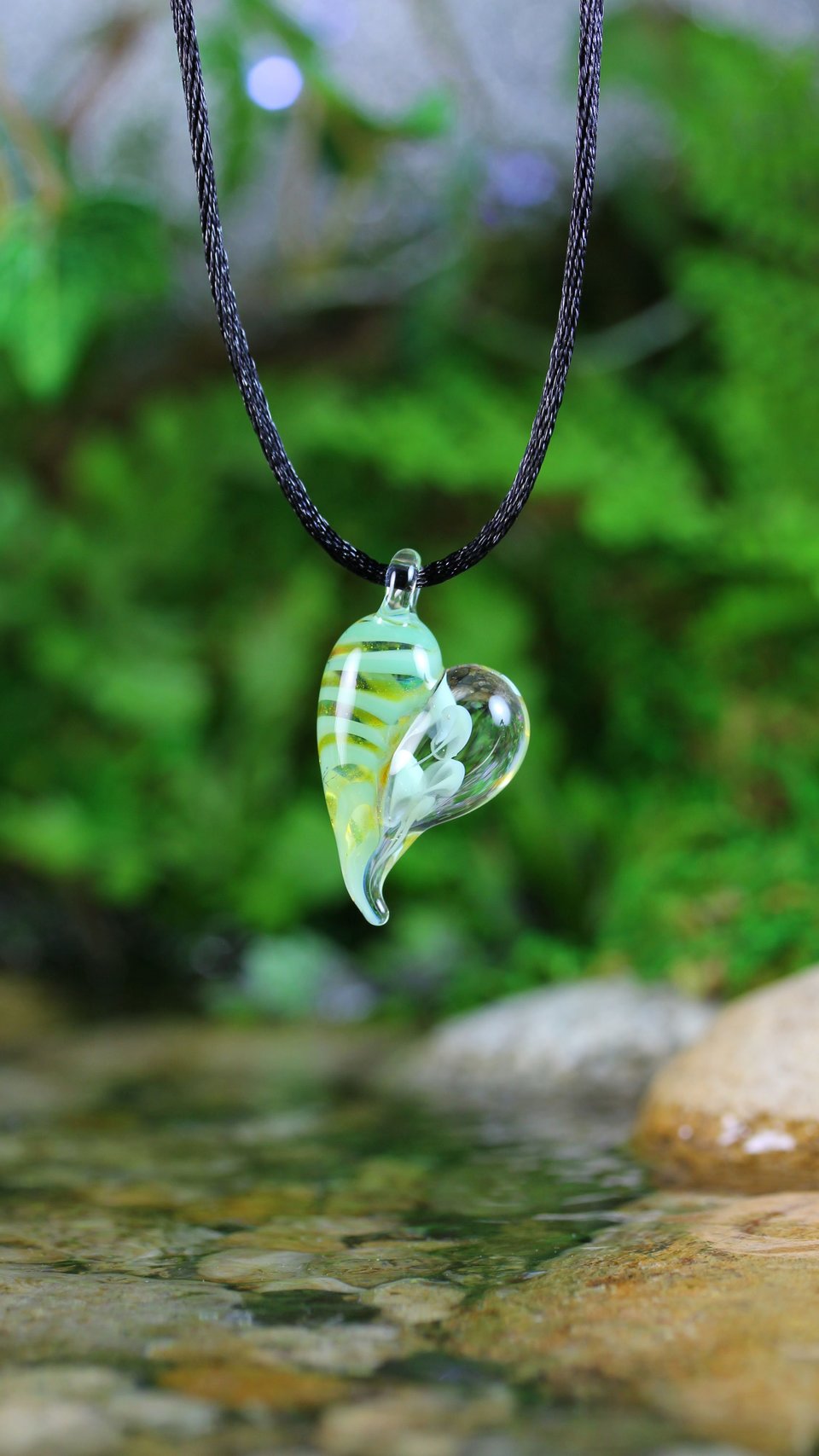 Lampwork Mushroom Heart Pendant // Heart Necklace // Boro Pendant // Boro/Brosilicate Glass // Mint Green -1170