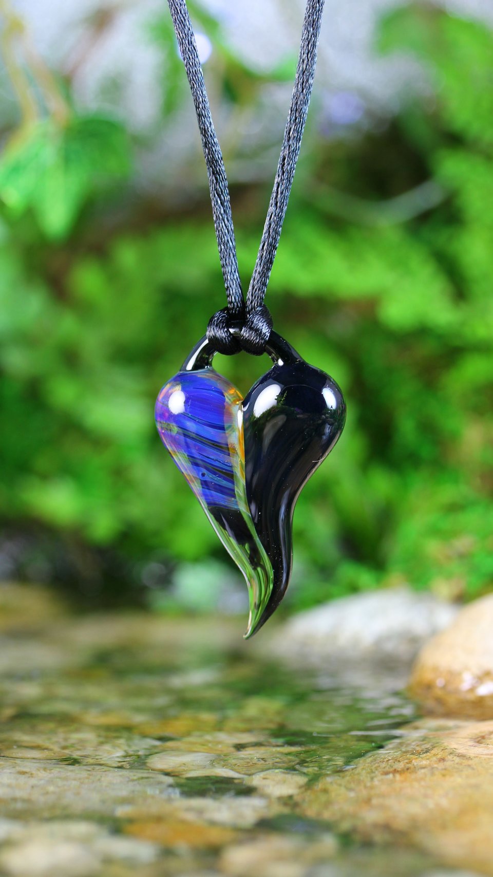 Lampwork Heart Pendant // Heart Necklace // Boro Pendant // Boro/Brosilicate Glass // Striped, Purple, Blue, Black // Z1171