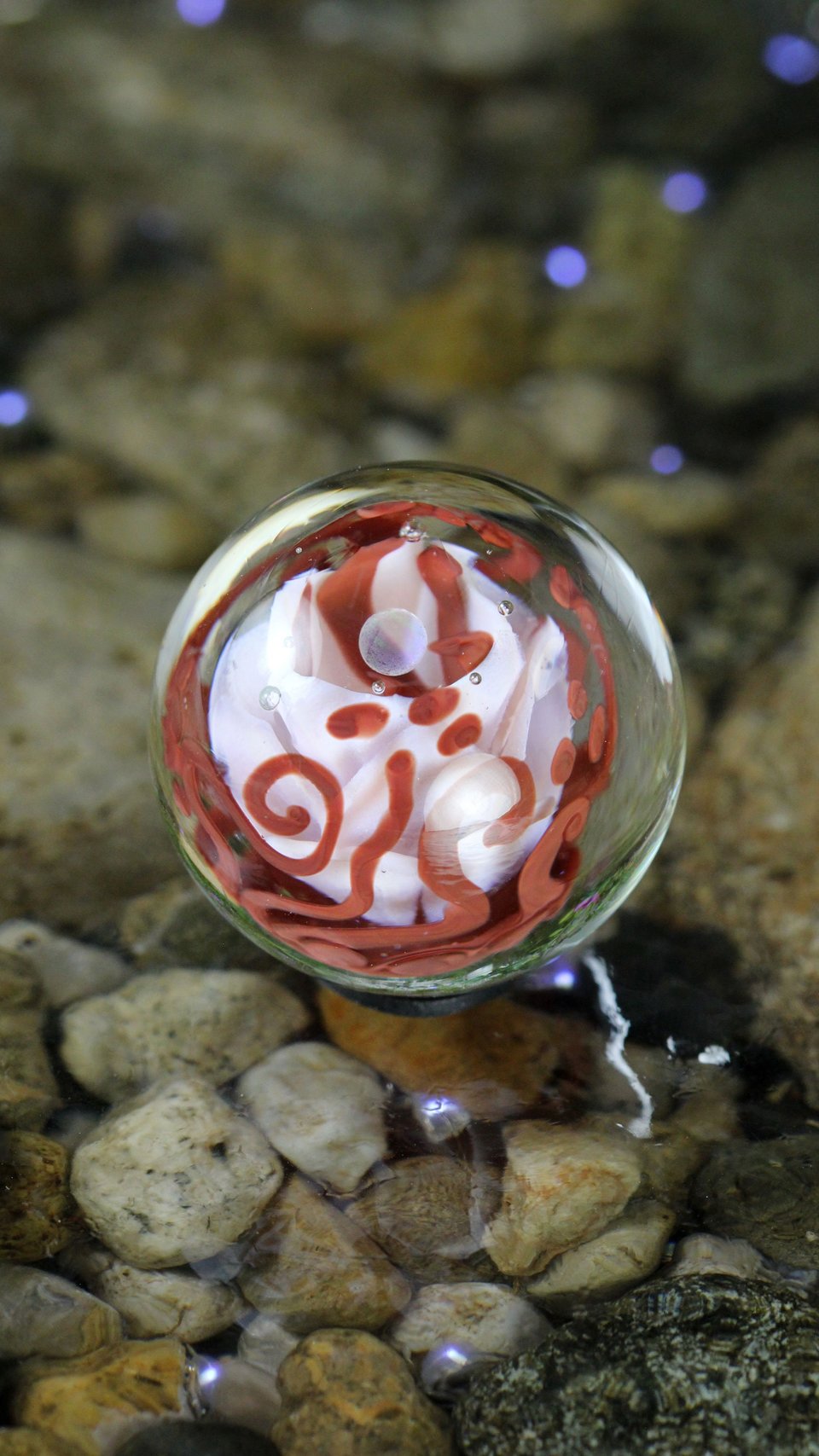 Handmade Lampwork Flower Marble (Borosilicate / Boro Glass) w/ Opal Orb & Art Nouveau Inspired Vines - Hand Blown Marbles - 1 5/16 inch/34mm