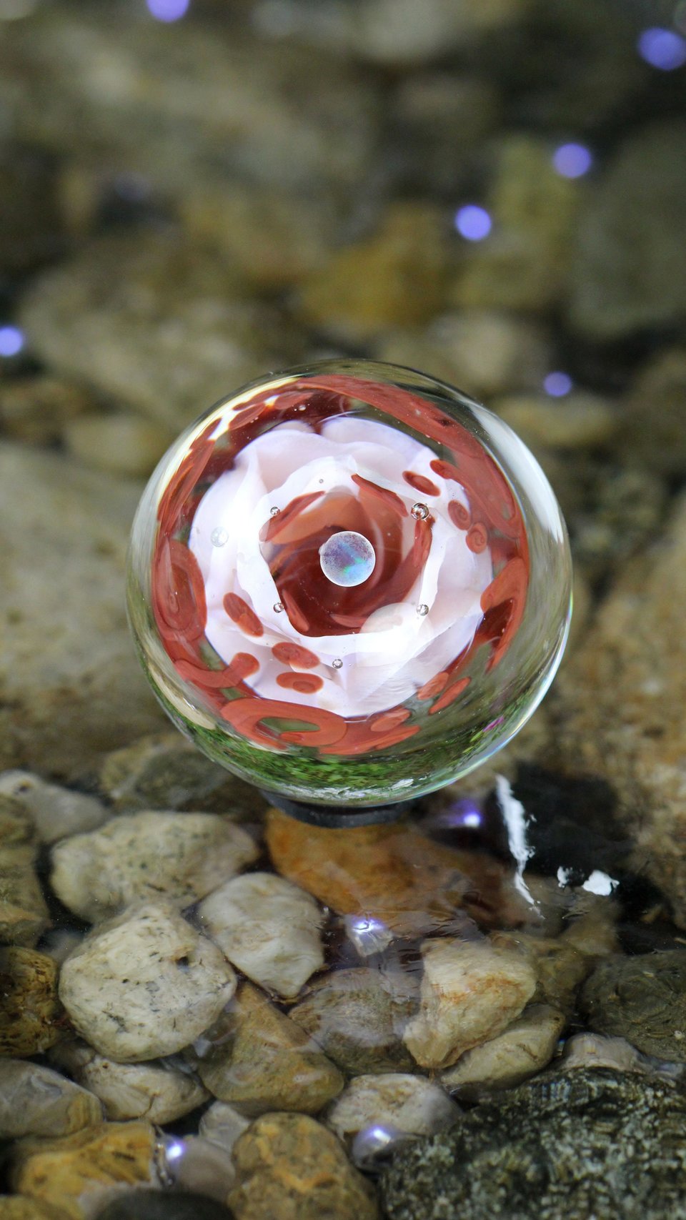 Handmade Lampwork Flower Marble (Borosilicate / Boro Glass) w/ Opal Orb & Art Nouveau Inspired Vines - Hand Blown Marbles - 1 5/16 inch/34mm