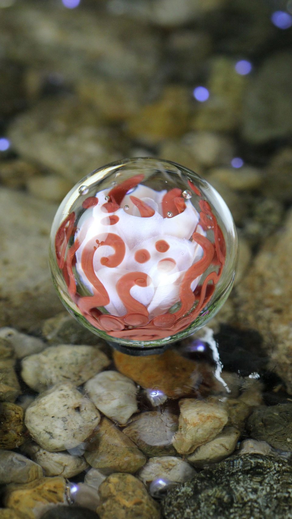 Handmade Lampwork Flower Marble (Borosilicate / Boro Glass) w/ Opal Orb & Art Nouveau Inspired Vines - Hand Blown Marbles - 1 5/16 inch/34mm