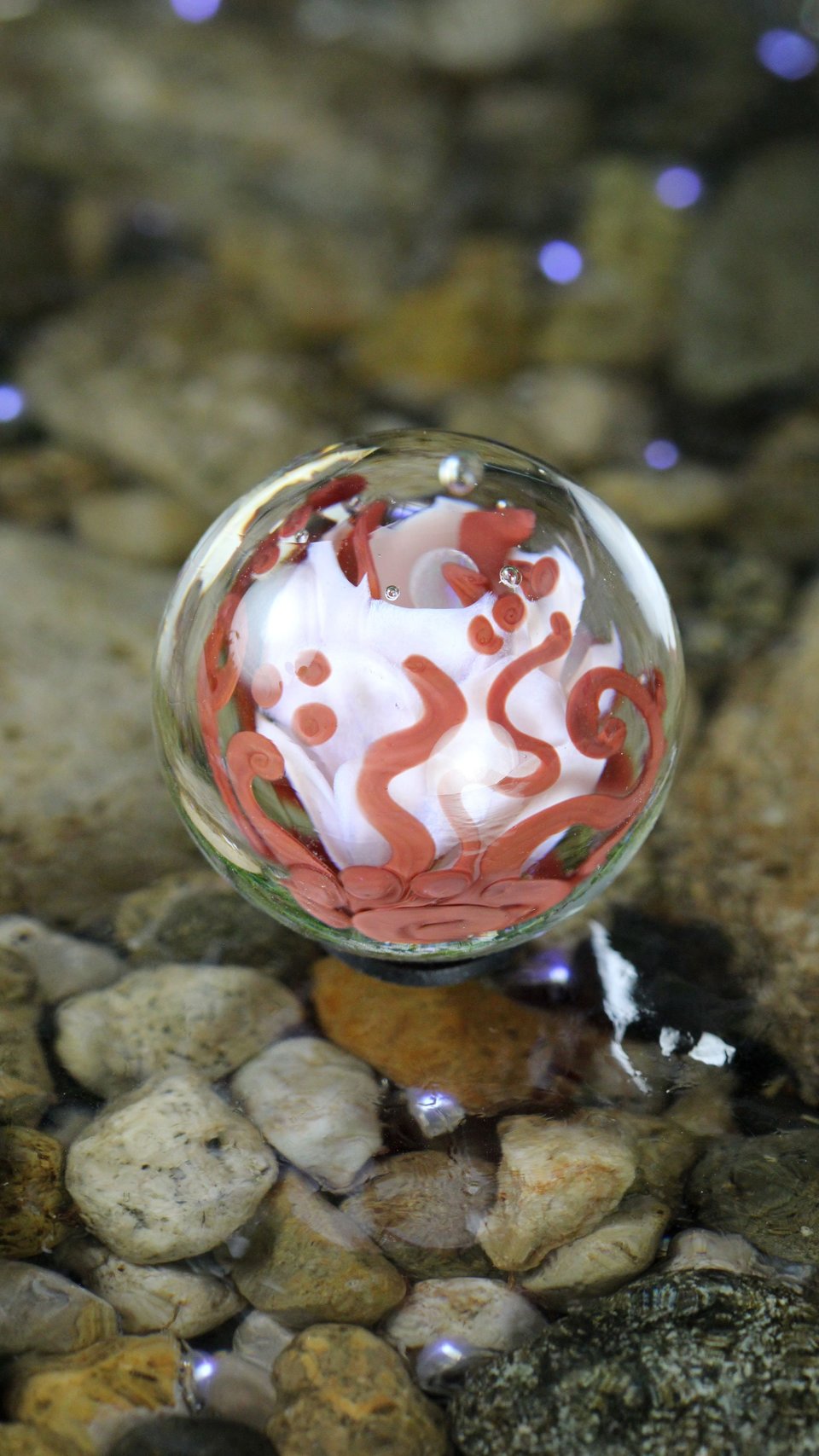 Handmade Lampwork Flower Marble (Borosilicate / Boro Glass) w/ Opal Orb & Art Nouveau Inspired Vines - Hand Blown Marbles - 1 5/16 inch/34mm