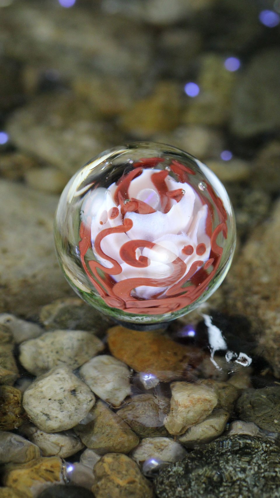 Handmade Lampwork Flower Marble (Borosilicate / Boro Glass) w/ Opal Orb & Art Nouveau Inspired Vines - Hand Blown Marbles - 1 5/16 inch/34mm