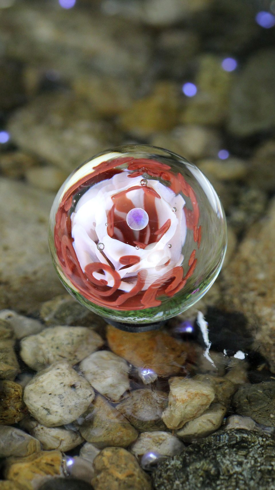 Handmade Lampwork Flower Marble (Borosilicate / Boro Glass) w/ Opal Orb & Art Nouveau Inspired Vines - Hand Blown Marbles - 1 5/16 inch/34mm