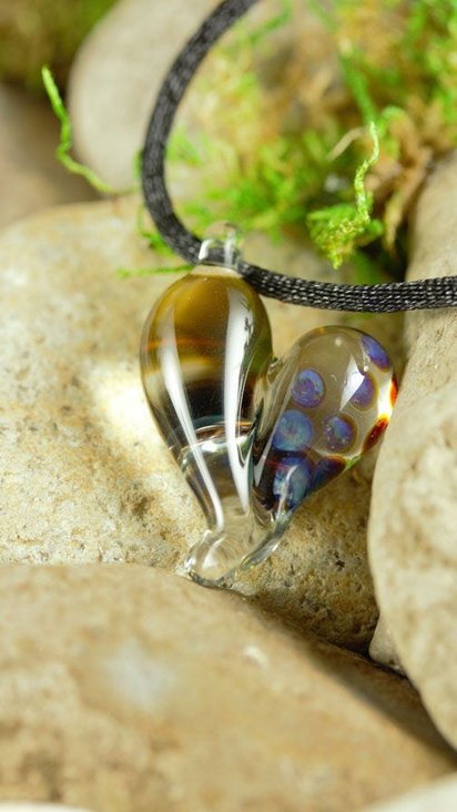 Hand Blown Lampwork Glass Heart Pendant Necklace // Boro/Borosilicate // Handmade Glass Art // Clear, Yellow, Brown, Iridescent // Z1066