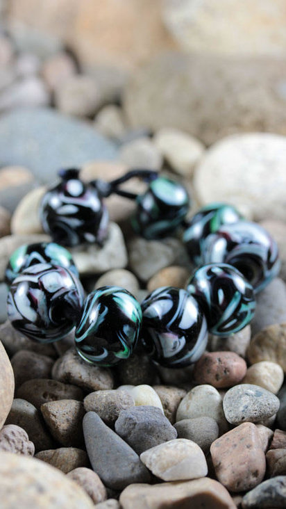 9 Loose Lampwork Rondelle Beads // Soft / Effetre Moretti Glass // Green & White Swirls Over Black Purple - Z805