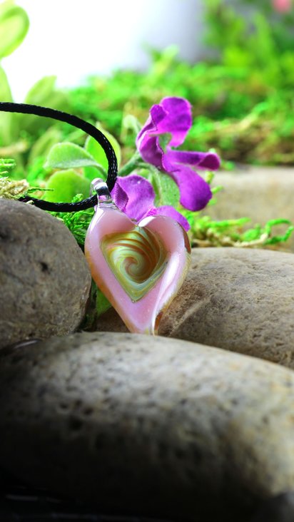 Hand Blown Lampwork Glass Heart Pendant Necklace // Boro/Borosilicate // Handmade Glass Art // Clear, Yellow, Pink Sparkle // Z1126