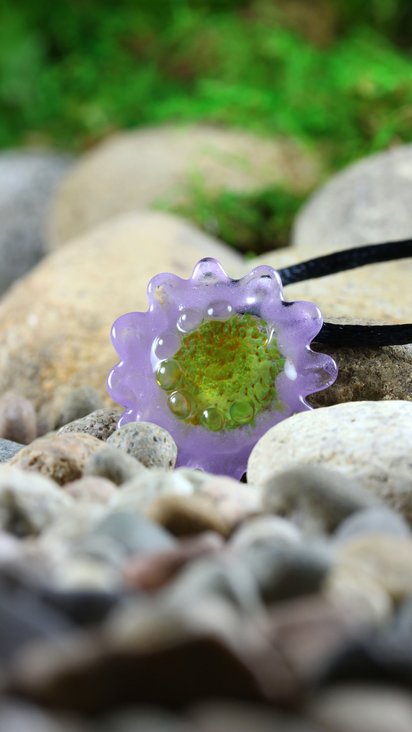 Hand Blown Flower Lampwork Pendant Necklace // Boro/Borosilicate Glass // Lavender, Happy Yellow, Dots // Z312