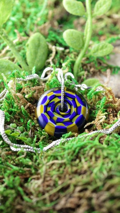 Handmade Lampwork Focal Bead Pendant // Borosilicate /Boro Glass // Blue and Yellow Checkered // Sterling Silver Chain // Z162