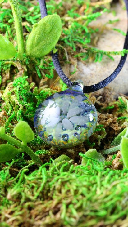 Flower Implosion Lampwork Pendant Necklace // Brosilicate/Boro Glass // Dark Blue, Gray, Yellow Speckled Glitter // Z1132