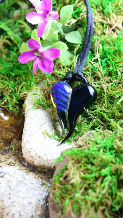 Lampwork Heart Pendant // Heart Necklace // Boro Pendant // Boro/Brosilicate Glass // Striped, Purple, Blue, Black // Z1171